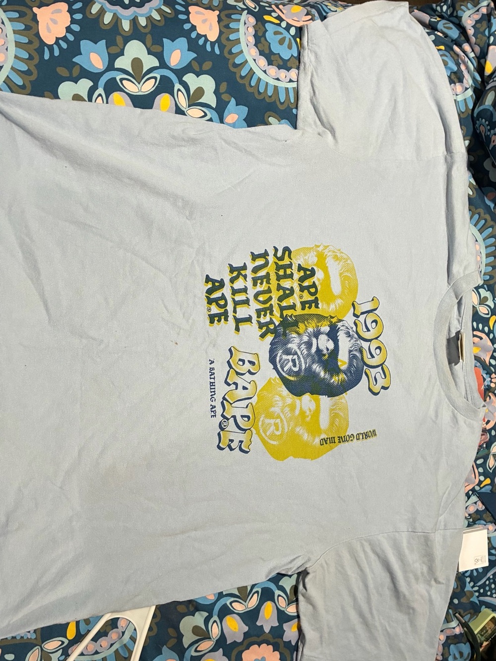 Bape Light Blue Short Sleeve Tee with Yellow & Navy Graphic